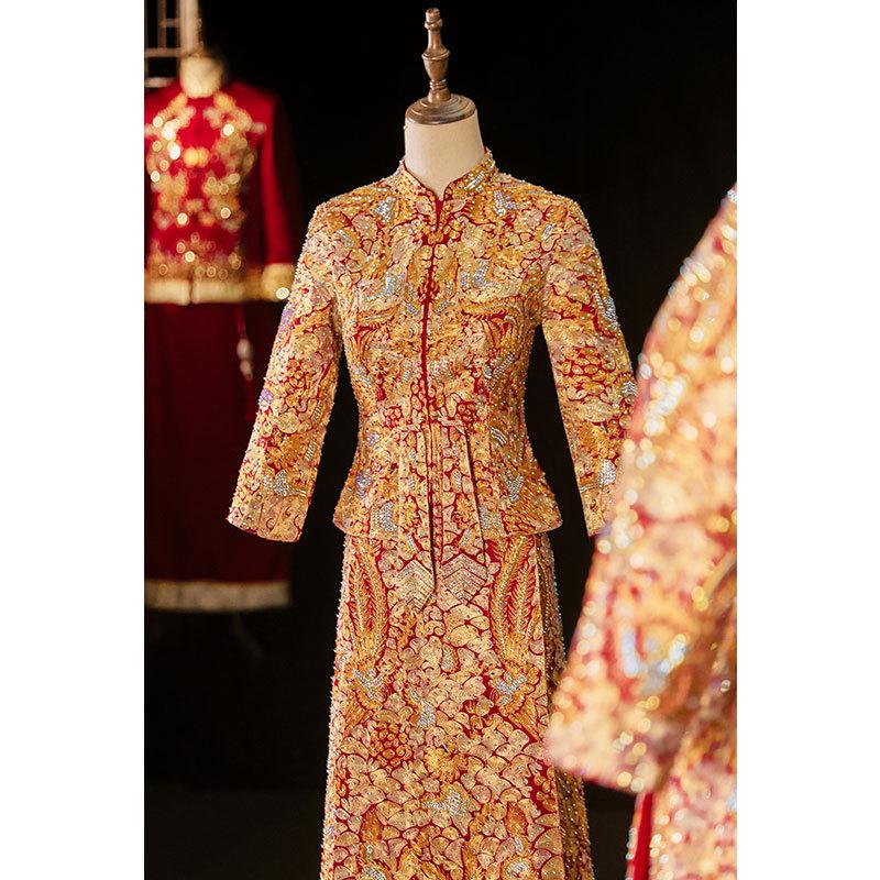 2022 Xiuhe Gold Chinese Wedding Dress: Elegant Slim Dragon and Phoenix Gown for Brides