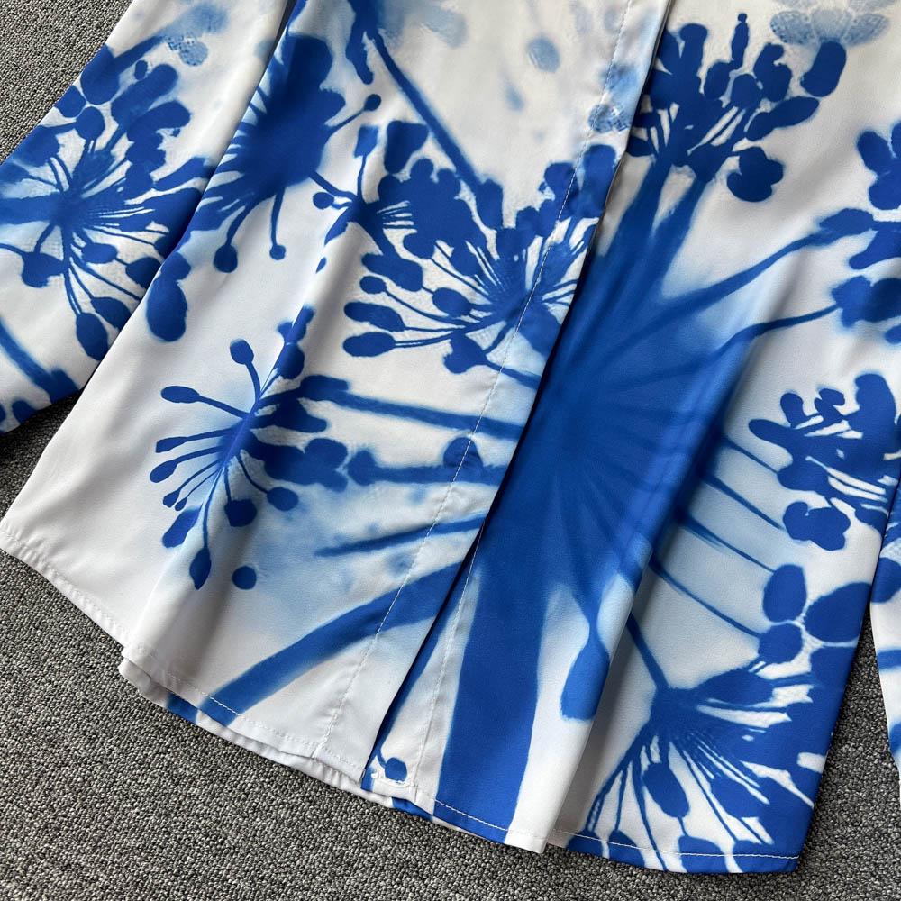 Элегантный темперамент Поло-воротник Синяя рубашка с принтом с длинным рукавом Женская Высококачественная плиссированная юбка Модный костюм-двойка