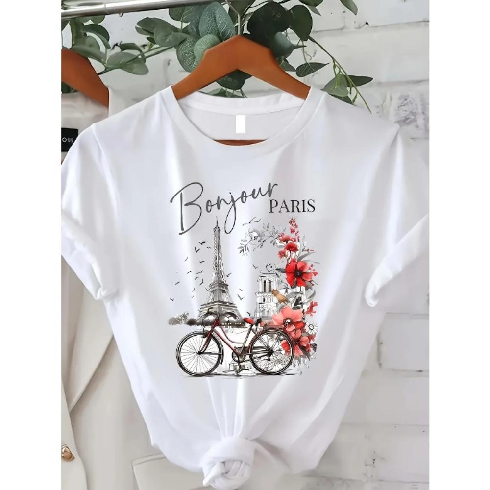 Summer and Spring Women's Casual Tops Paris Printed Round Neck T-shirt Short-sleeved Graphic T-shirt Y2k Top Women's Clothing