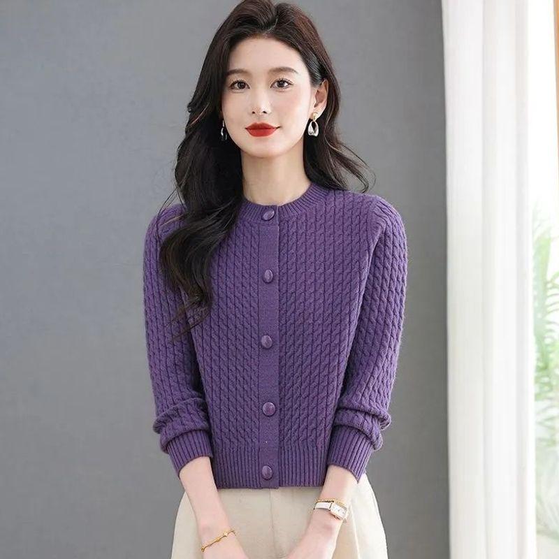 Women's Trendy Round Neck Long Sleeve Knit Cardigan Sweater - Loose & Slimming Petite Outerwear