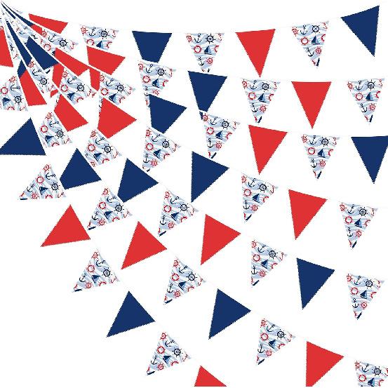 32Ft Blue Party Decorations Retro Blue Triangle Banner Flag Pennant Bunting Fabric Garland Streamers for Nautical Wedding Birthday Ahoy Achor Bridal