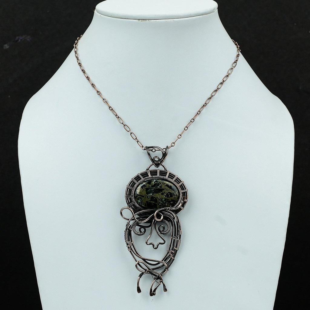 Медный кулон с серафинитом Кулон, обмотанный медной проволокой Кулон с драгоценным камнем Дизайнерский кулон из медной проволоки для подарка Украшения ручной работы