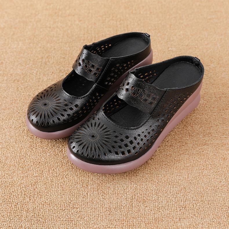 Leather Heel Thick-soled Slippers Hole Hollow Soft Sole Women's Shoes Sandals Middle-aged Mother's Non-slip Wear-resistant Spring and Summer