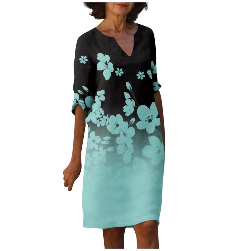 Women's Summer Casual Vintage Floral Leaf Print V-neck Half-sleeve Dress