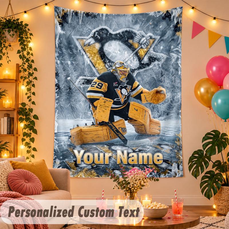 Pittsburgh Penguins Personalized Wall Tapestry Custom Name Text Polyester Hanging Decor Home Room