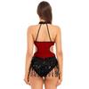 Womens Latin Dance Costume Sparkling Sequin Color Block Patchwork Bodysuit Sleeveless Fringed Leotard