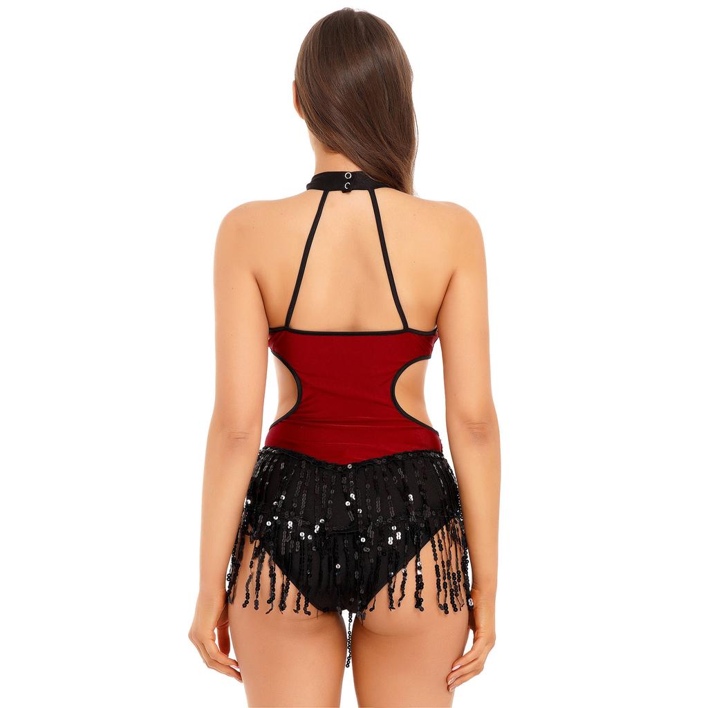 Womens Latin Dance Costume Sparkling Sequin Color Block Patchwork Bodysuit Sleeveless Fringed Leotard
