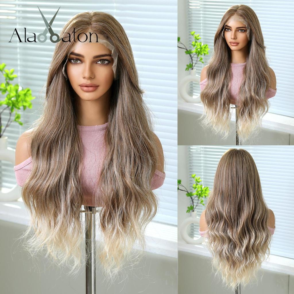 ALAN EATON HD 13x6 Lace Wigs Synthetic Long Wavy Hair BLonde Ombre Wigs Daily Use Party Wig for White Women Heat Resistant