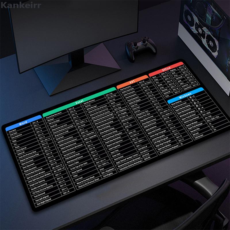 Коврик для мыши с офисными сокращениями, большой, расширенный, для Excel, Powerpoint, Word, ПО для игр, настольный коврик для клавиатуры и мыши со сшитым краем