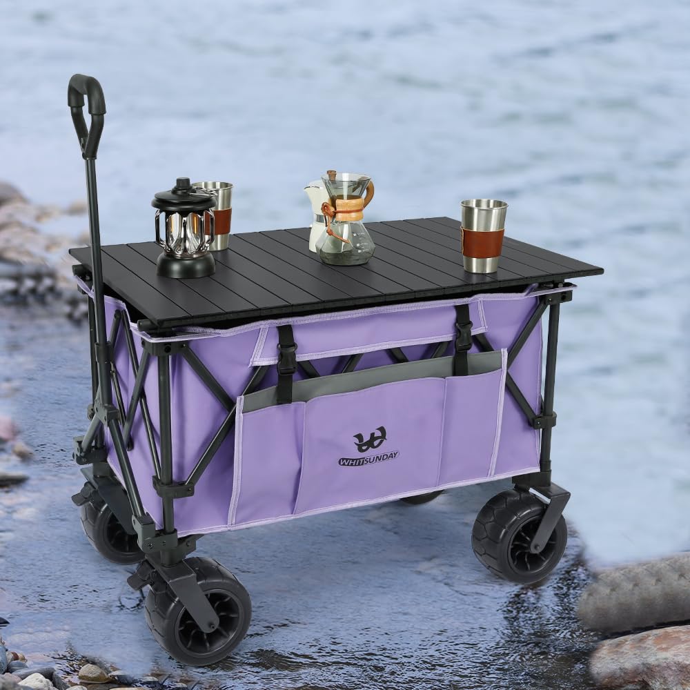 Compact Outdoor Camping Garden Foldable Heavy Duty Wagon Cart with Thick Wheels and Table Plate Murasaki -
