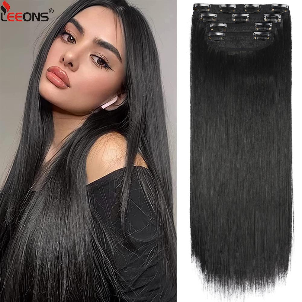 Black Hair Extensions For Women 20 Inch Synthetic Clip In Hair Extensions 4Pcs/Set Thick Hairpieces Straight Fiber Hairpieces