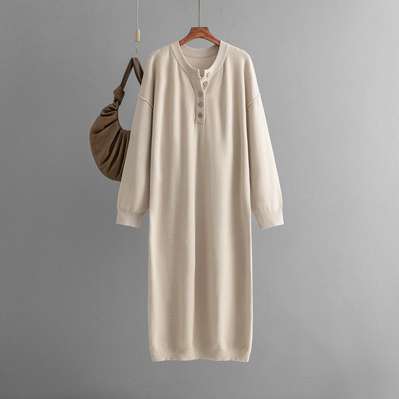 Women's Long Sleeve Button V Neck Oversized Dress Casual Loose Fit Waffle Knit Fall Midi Sweater Dress Trendy Outfits Solid Color Dress for Women