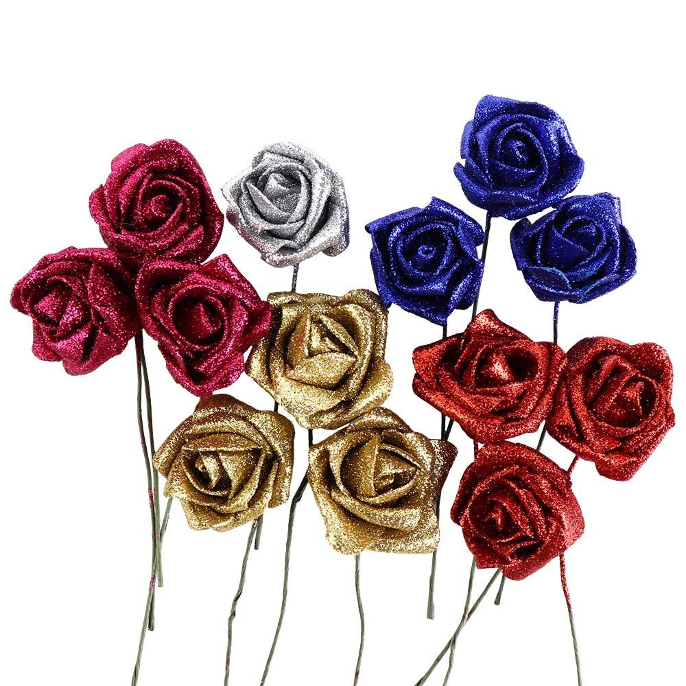 10pcs with Glitter Powder Bride Bouquet Wedding Party Decor Artificial Flowers Foam Roses Decoration Artificial Roses