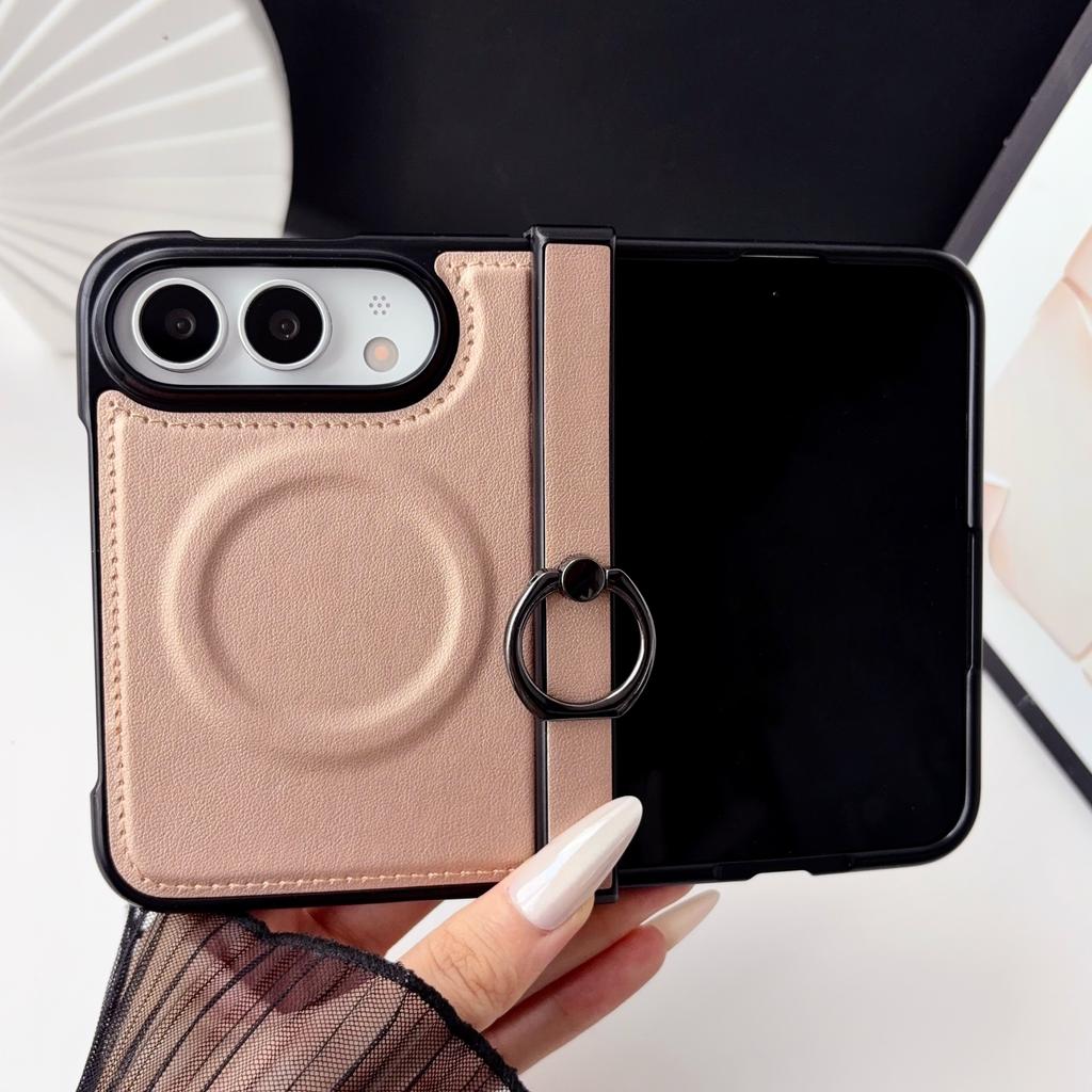 Plain Leather Business Magnetic Phone Case For iPhone Duo 18 With Ring Buckle Multifunctional Protect Phone Cover For Magsafe