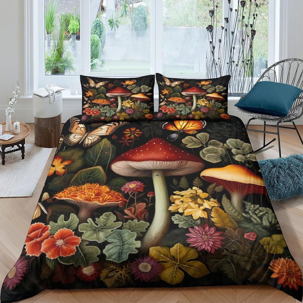 Mushroom Duvet Cover Watercolor Fungus Bedding Set Wild Botanical Comforter Cover Set Retro Leaf Pattern Polyester Quilt Cover