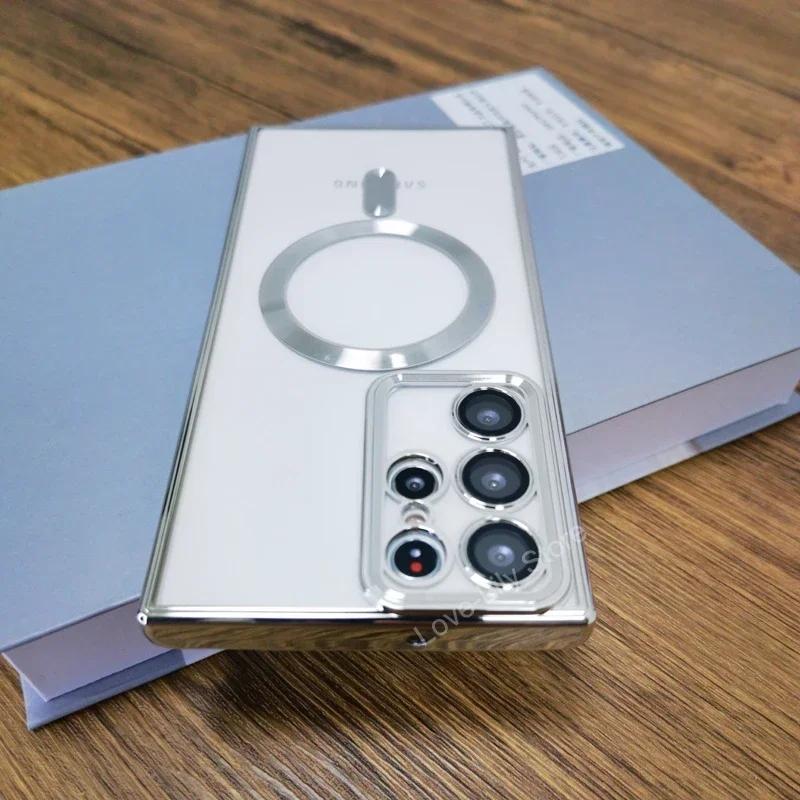 Plating Transparent For Magsafe Case For Samsung Galaxy S25 S24 S23 S22 S21 Ultra Plus S 25 24 23Ultra Mag Safe Glass Lens Cover