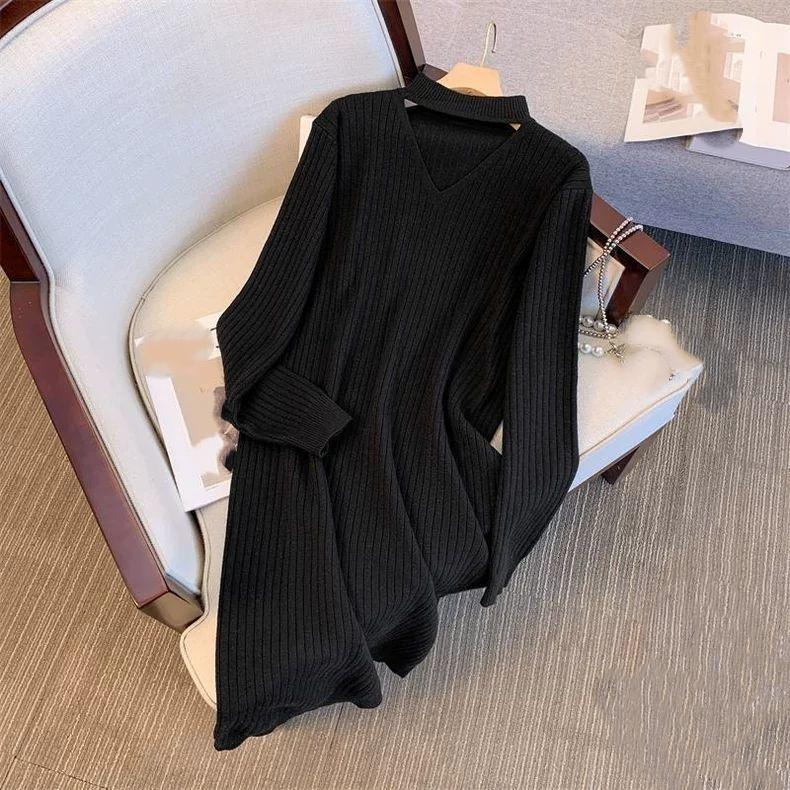 Autumn and Winter Women's Plus Size Hollow V-neck French Trend Solid Color Sweater Skirt Dress