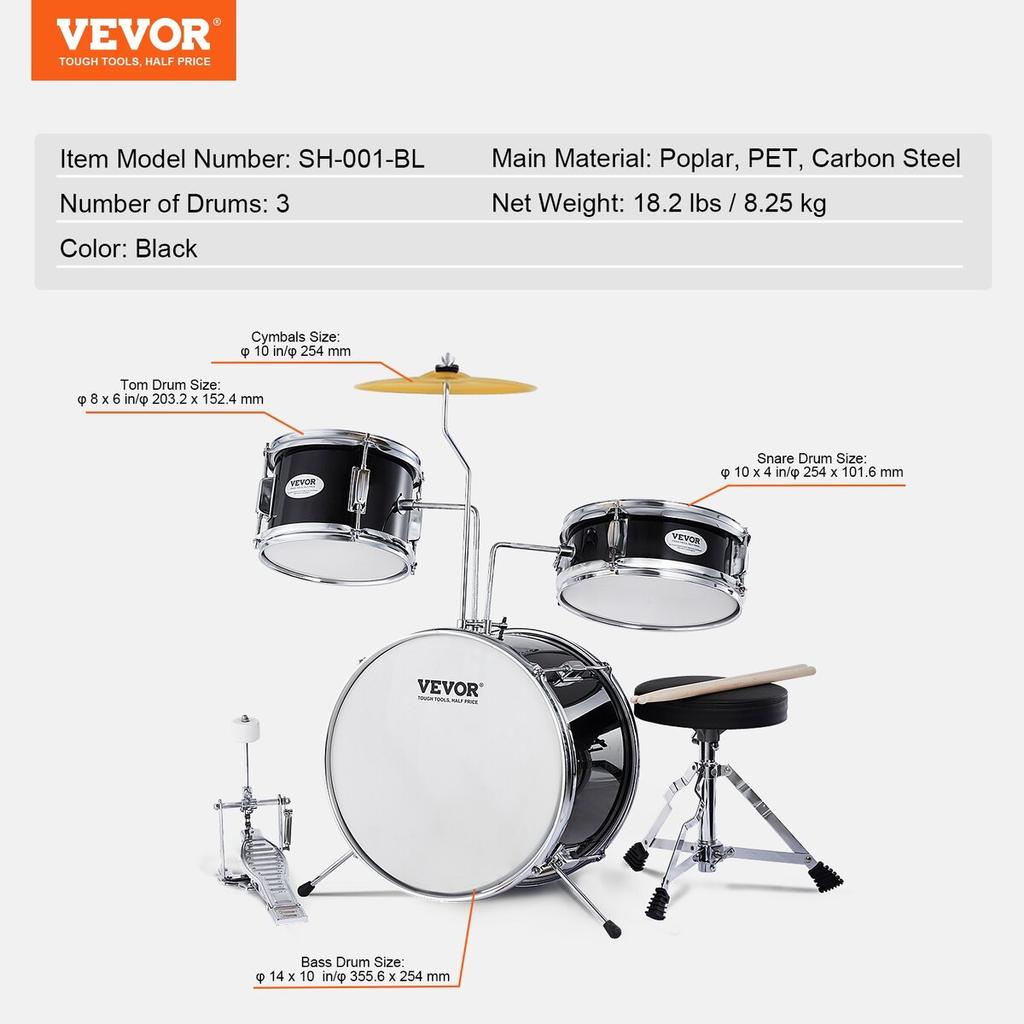 Kids Drum Set 3-Piece 14 in Beginner Drum Set for Child with Throne Black