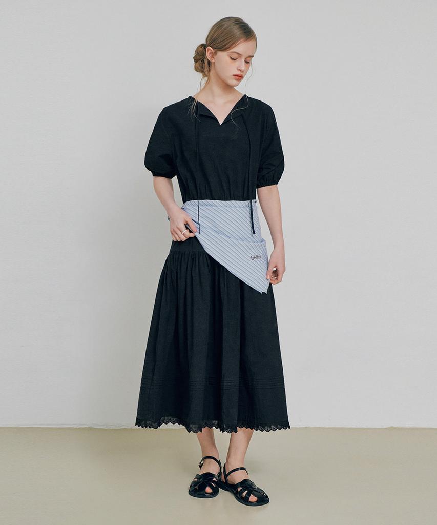 Belloel Puff Strap Long Dress Black
