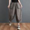 Women's Summer Casual Seven-Point Loose Plus Size Versatile Lantern Pants Literary Retro Cotton-Linen Plaid Wide-Leg