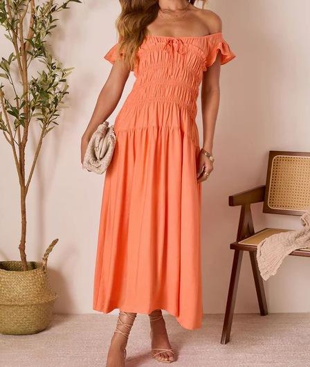 Summer new European and American off-shoulder orange dress with ruffled hem waist for slimming mid-length vacation dresses