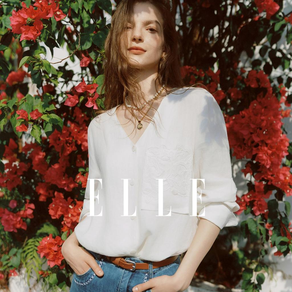 [ELLE] Льняная рубашка с V-образным вырезом, Офисный кэжуал, Белая (JP, Алфавит, M, Белый)