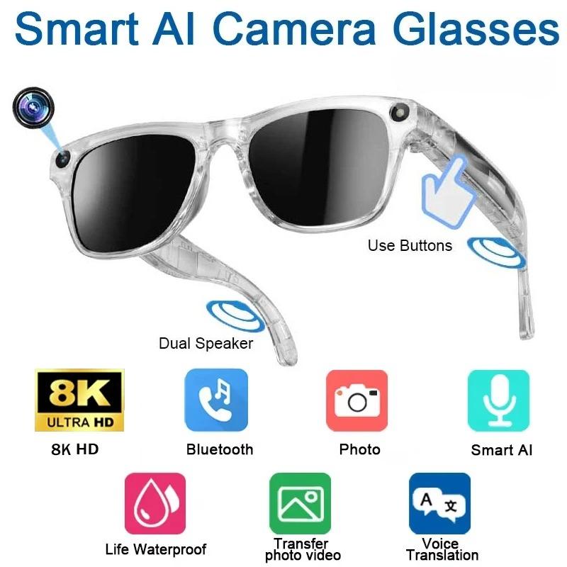 Smart 8K AI Glasses with 100W Camera Chat Gpt Touch Outdoor Sport Sunglasses Bluetooth Calling Music Player Image Stabilization for Men Women Gift