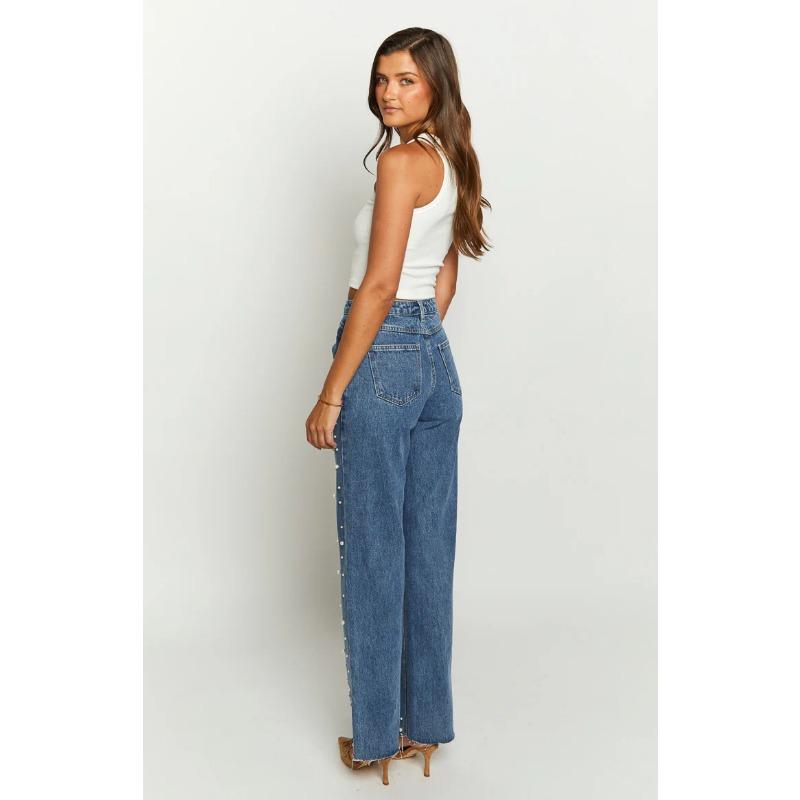 Джинсовые брюки прямого кроя с диагональной талией и необработанным краем в винтажном стиле с бисером