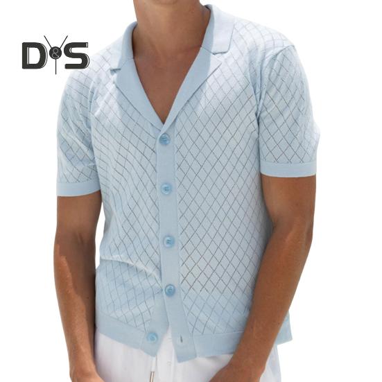 Мужская жаккардовая трикотажная рубашка с коротким рукавом, застегивающаяся на пуговицы, с кубинским воротником, узором в виде ромба, повседневная рубашка для повседневной носки, вечеринок, путешествий