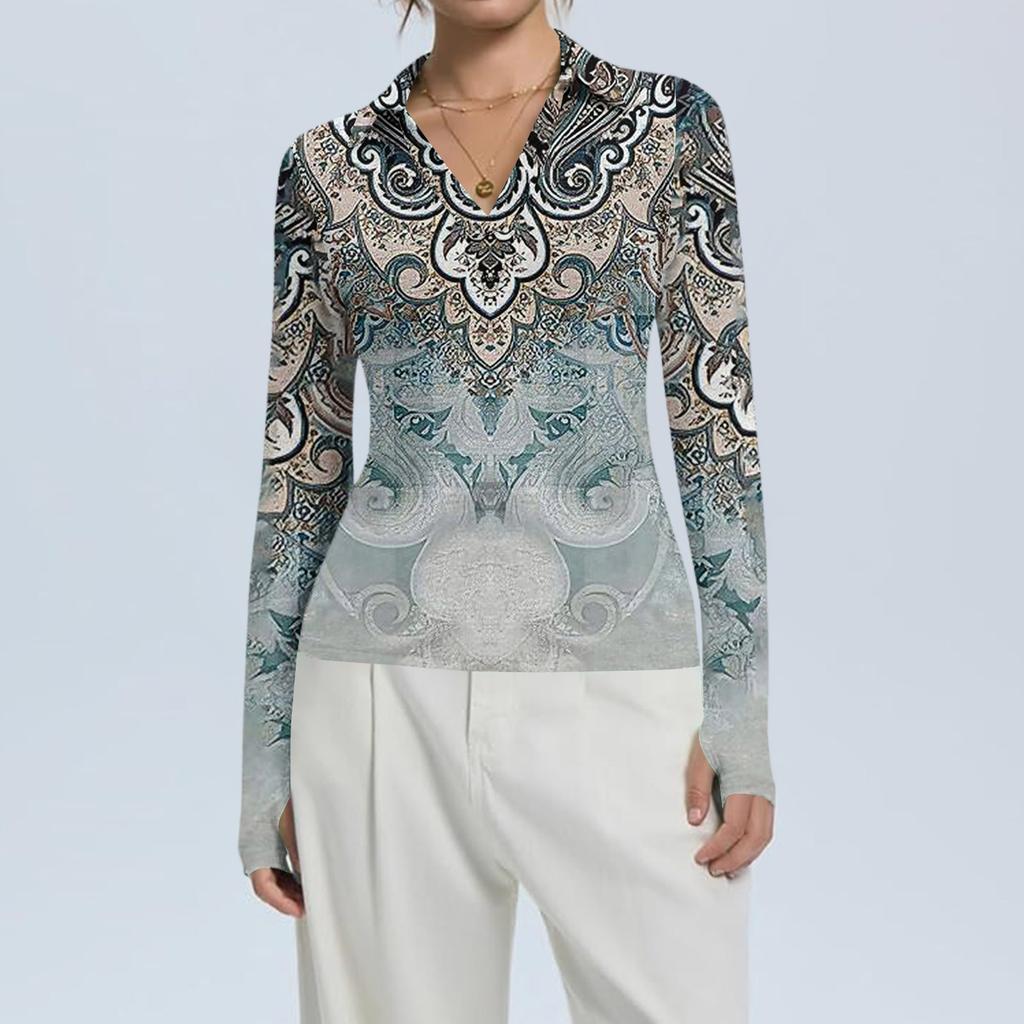Женская Мода Повседневный Принт V-образный Вырез Длинный Рукав Застежка на Пуговицы Топ