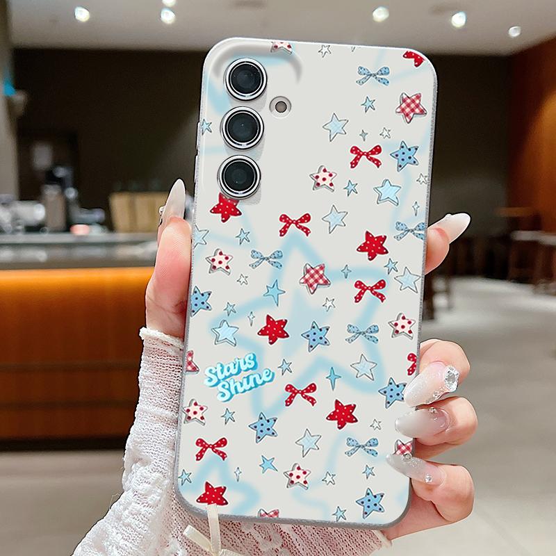 Чехол со звездочками и бантами для Samsung Galaxy A57 A37 A17 A56 A36 A26 A16 A55 A35 A15 A54 A34 A14 5G Силиконовый чехол с текстурой кожи