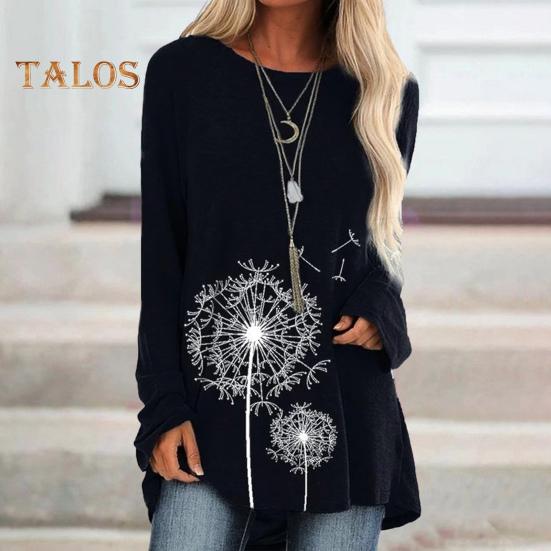 Женская туника больших размеров с принтом одуванчика, удлиненная рубашка с круглым вырезом и длинными рукавами, футболка-пуловер свободного кроя для работы, повседневной жизни