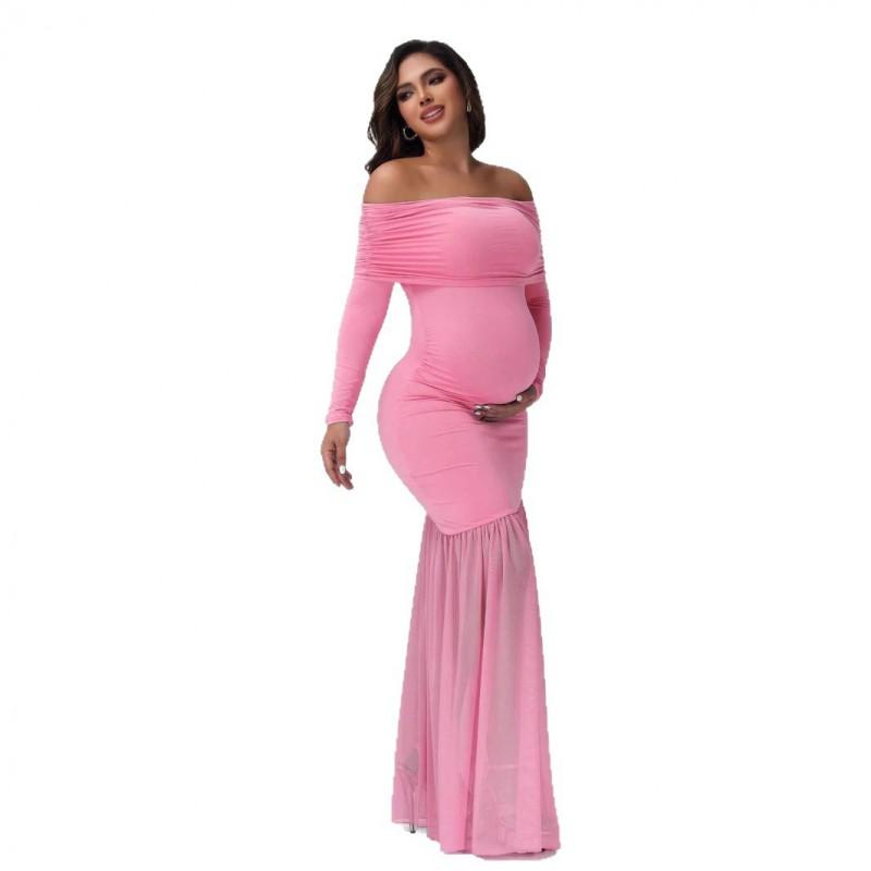 Maternity Long Sleeve Off-Shoulder Bodycon Dress With Mesh Overlay - 2025 Knit Maxi Pregnant Women