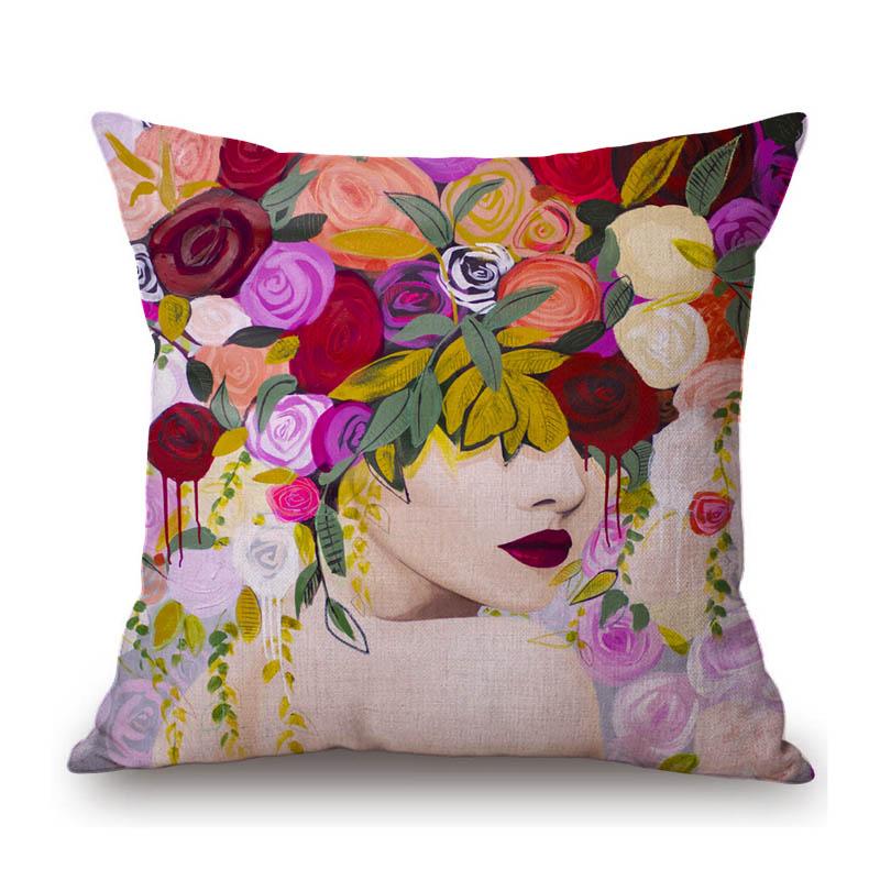 Modern Flower Head Girl Oil Painting Art Cotton Linen Sofa Throw Pillow Case Fashion Floral Lady Decoration Cushion Cover