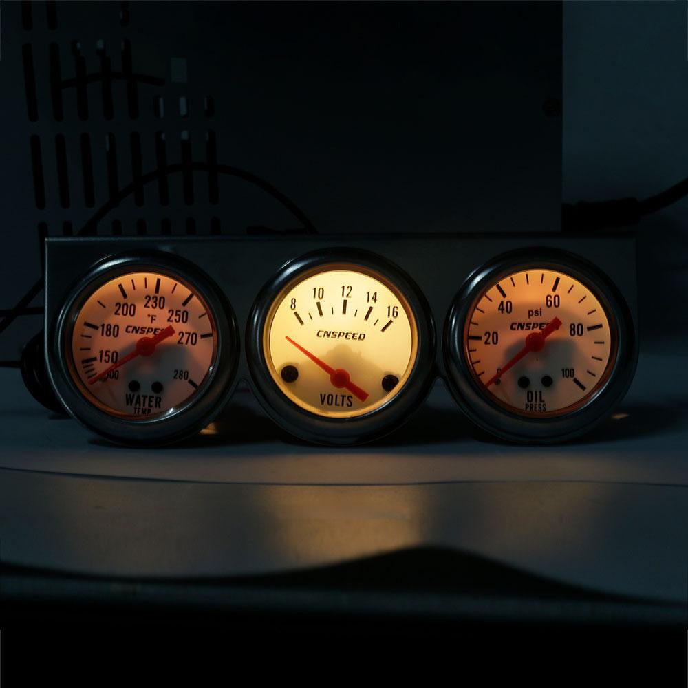 Universal 2 inch Triple Gauge Set - Oil Pressure, Water Temp, Volt Meter (Oil: 0-100 PSI, Water: 100-280F, Volt: 8-16V) 3in1
