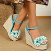 Модные женские сандалии Летняя мода Цветы Открытый носок Однотонное плетение Платформа Клинья Высокий каблук Женские сандалии Ремешок с пряжкой Женская обувь