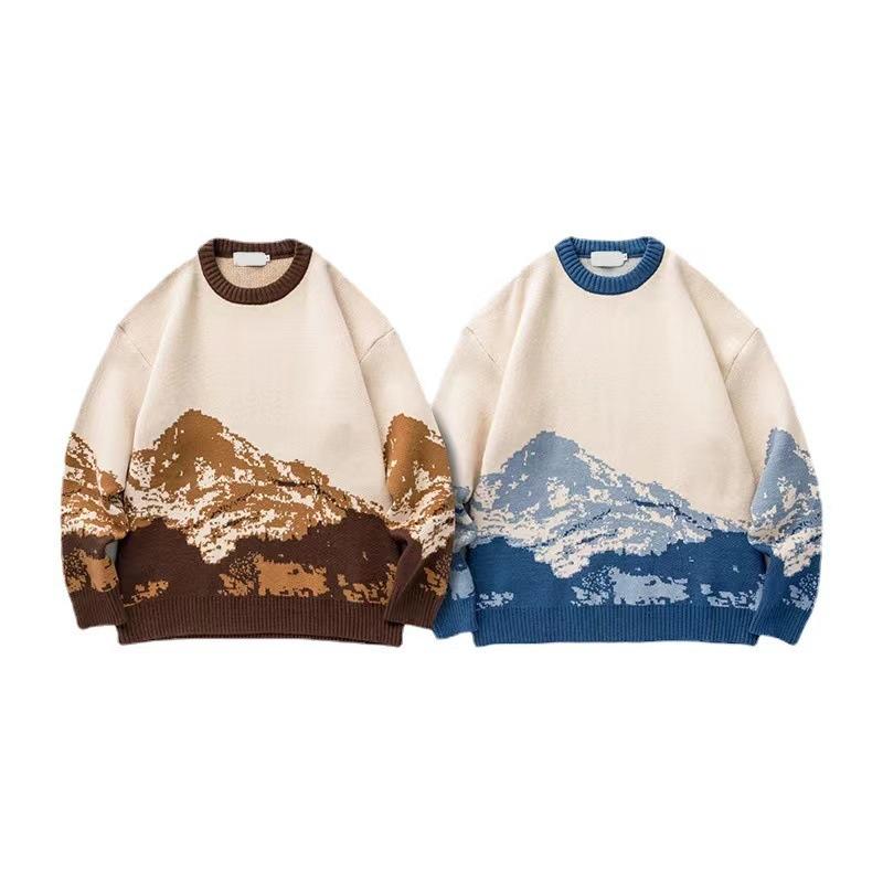 Осень и зима Tie-Dye Snow Mountain Модный брендовый свитер с круглым вырезом Мужской свободный свитер Свитер с длинными рукавами для колледжа для мужчин