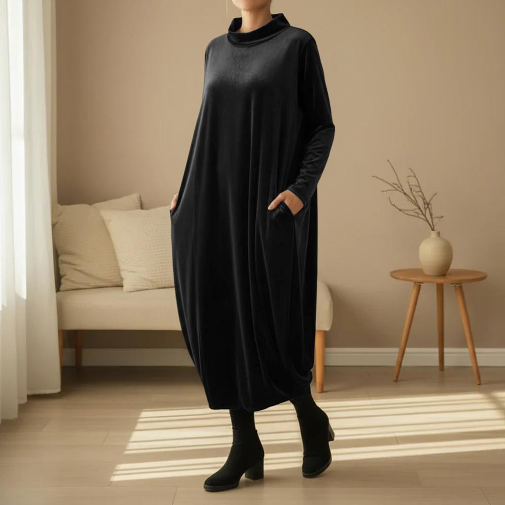 Женское модное однотонное круглое горло длинный рукав карман длинное золотой бархат свободное платье