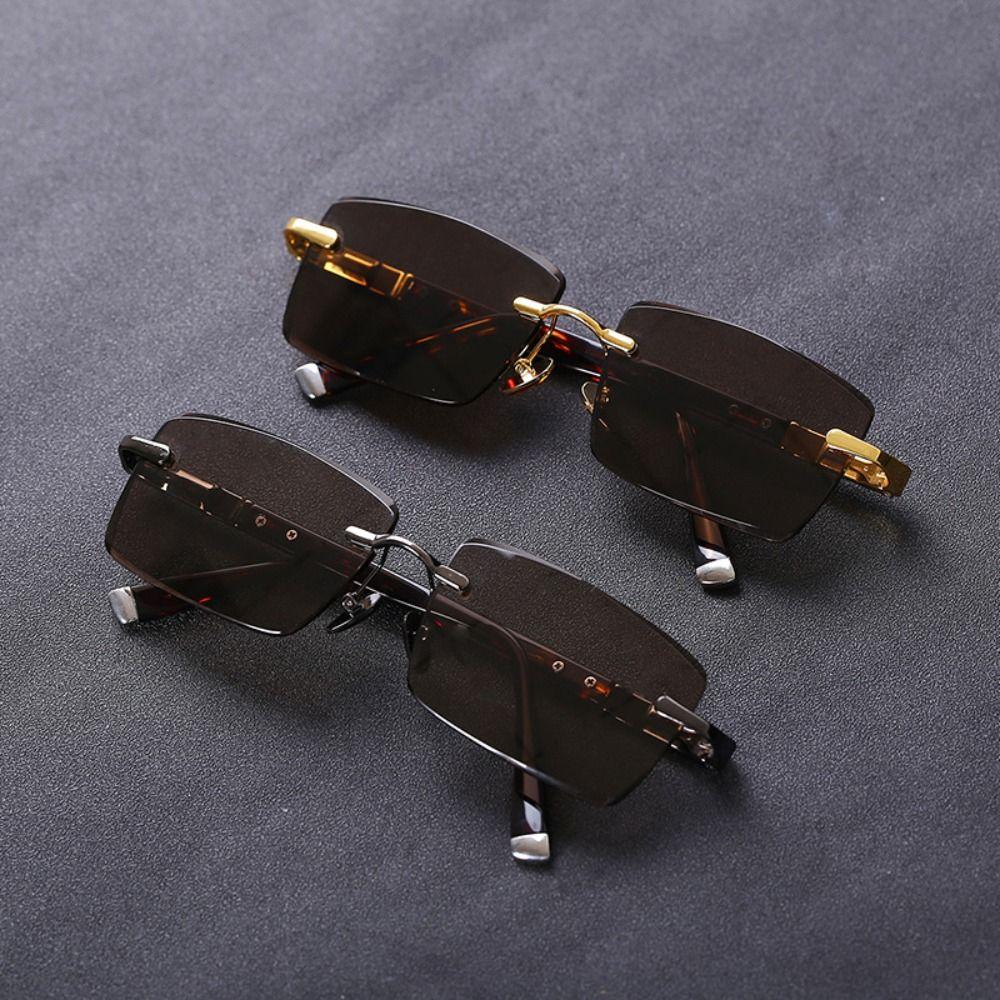 Retro Frameless Men'S Sunglasses Green Crystal Stone Metal Outdoor Sunglasses Uv Protective Black Shades Eyewear