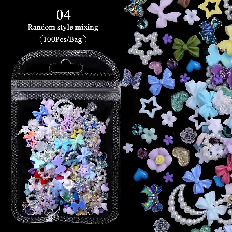 100Pcs Aurorals Nail Art Decoration Shell Pearl 3D Nail Charms Mixed Style Colorful Resin Butterfly Bowknot Manicure Nail Supply