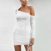 New Summer Sexy Mesh Oblique Shoulder Off Shoulder Long Sleeve Perspective Pleated Short Dress Dress