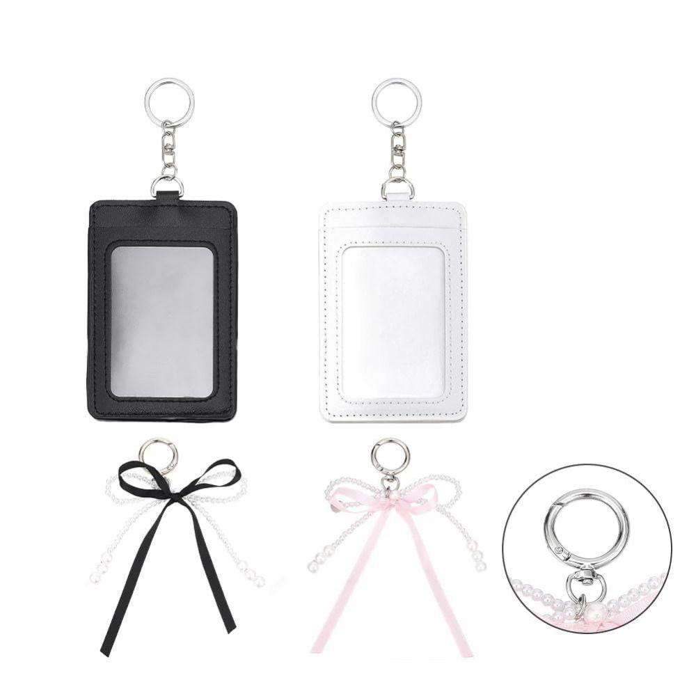 Stylish INS Style Cute Photocard Holder Decorative Pearl Bow Girls Photocard Case Soft PU Protective Photos Bag Charm Keychain
