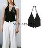 Spring and Summer Women's Clothing Linen Blended V-Shaped Neckline Open Back Bowknot Decoration Hanging Collar Vest Jacket 2010745
