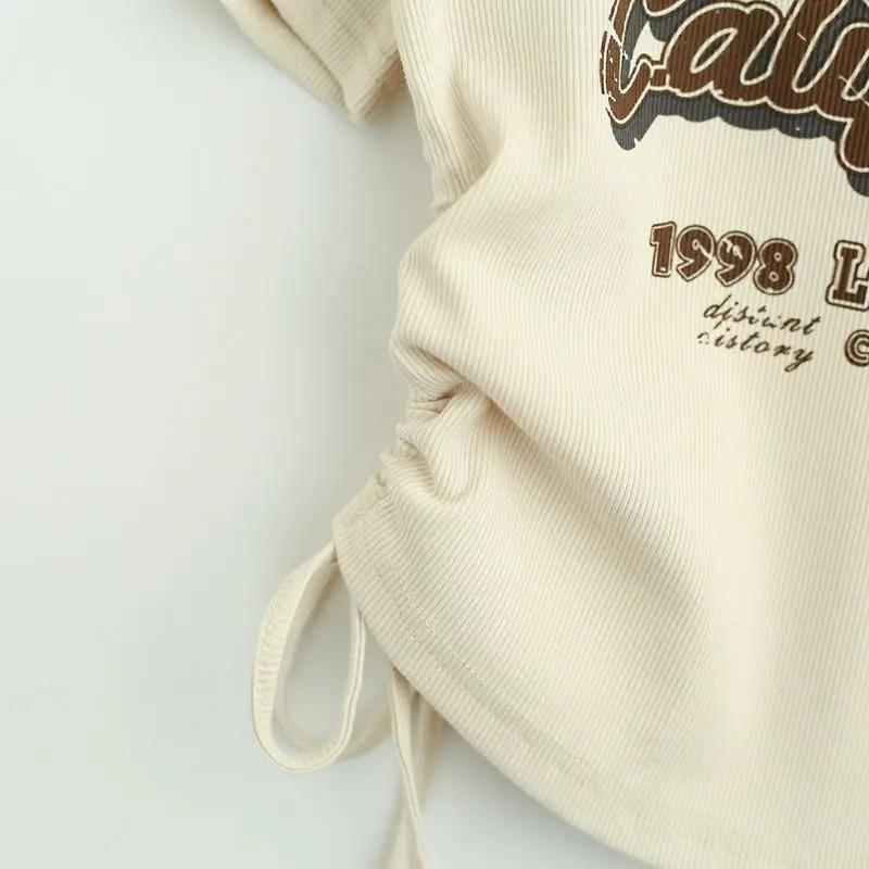 Футболка Y2k на шнурке, женский укороченный топ с буквенным принтом, американские ретро футболки с короткими рукавами, корейские тонкие летние футболки с графикой, одежда 2000-х годов