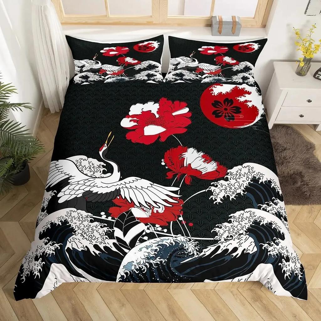 Koi Fish Duvet Cover Set Carp Tie Dye Bedding Sets Traditional Chinese Ink Art Bedspread Lotus Leaf Nature Quilt Cover Full Size
