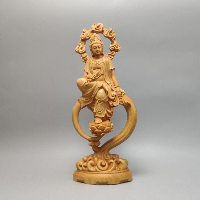 Wood Carving Guanyin Bodhisattva Sculptures and Figurines Home Room Office Wealth Luck Feng Shui Decor Buddha Wood
