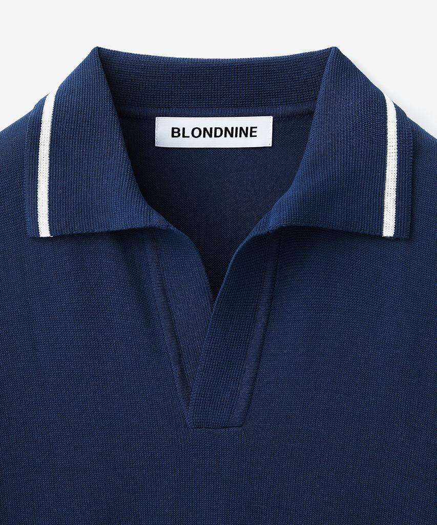 BLOND9 Cotton Varsity Open Collar Short Sleeve Knit_Navy