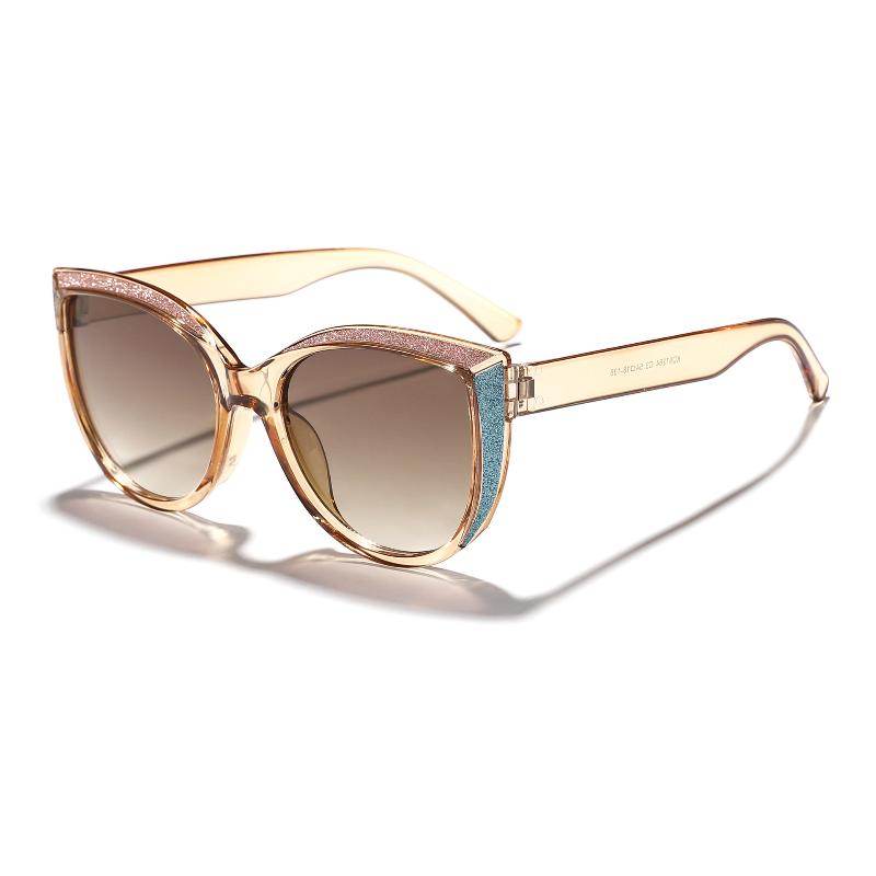 Women's Stylish Cat Eye Sunglasses with Glitter Black Frame Brown Lens for Chic Outings