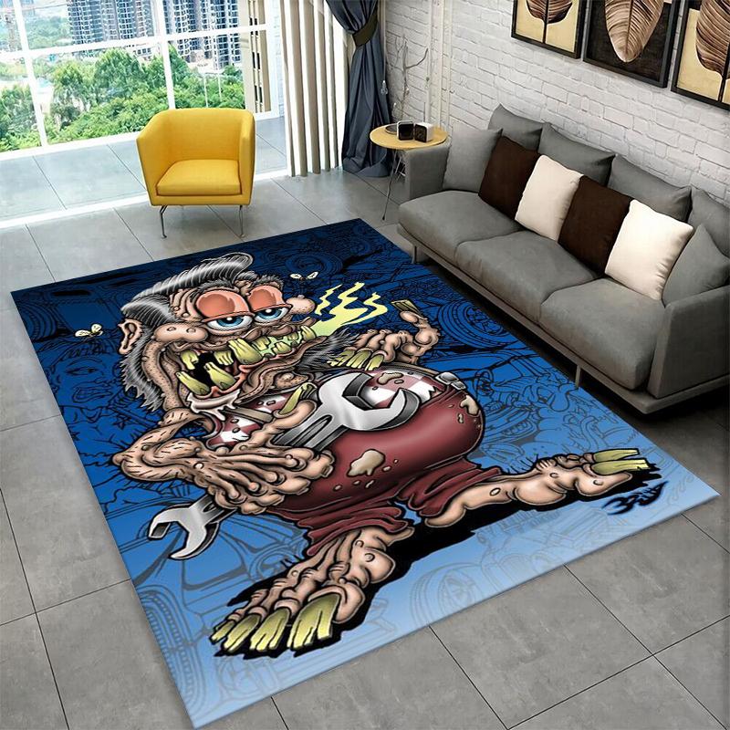 3D Rat Fink Cartoon Racing Car Moto Sign Carpet Rug for Bedroom Living Room Sofa Doormat Home Decor,Kid Game Area Rug Non-slip