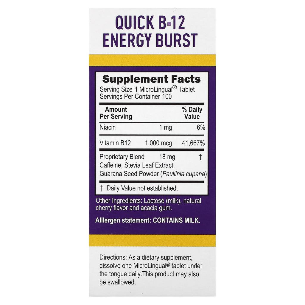 Quick B-12 Energy Burst, 1,000Mcg, Instant Dissolve Microlingual 100 Tablets